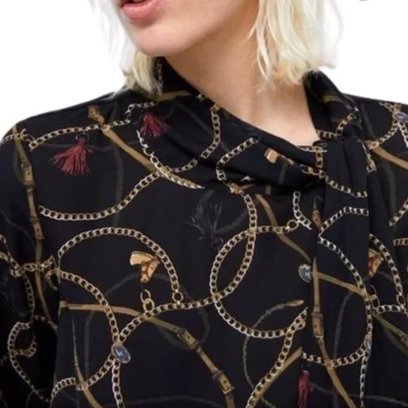 Zara Chain Tassel Horse & Jewel Pattern Tie Neck Tunic XL - Picture 3 of 11